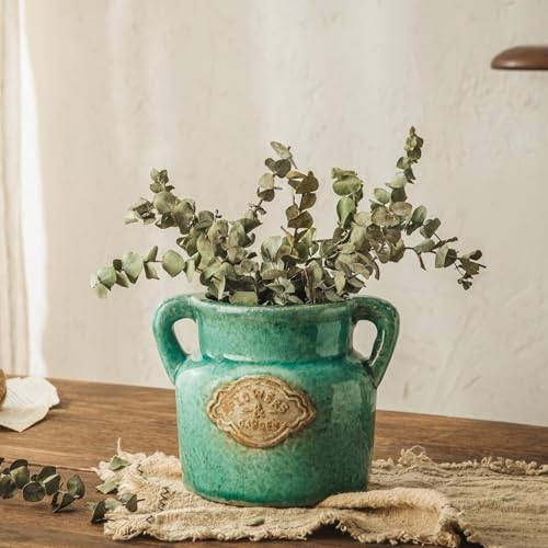 Green Rustic Ceramic Vase, 5.8 Inch Distressed Wide Mouth Vase with Ice Cracked Glazed, Farmhouse Vintage Flower Vases for Home Office Decor Living Room Bedroom Table Centerpiece Decorations - color: Green