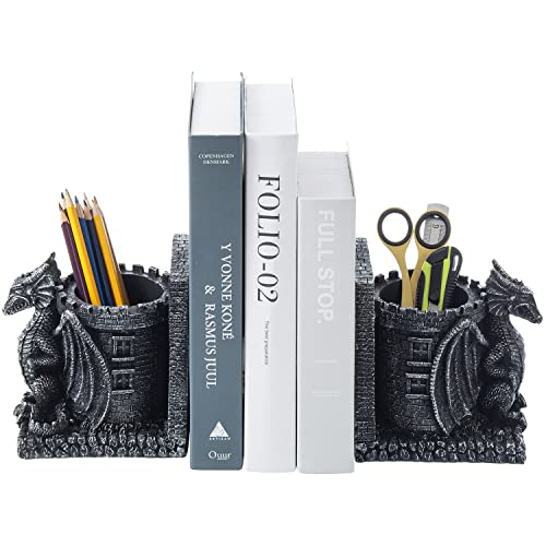 Bookends Dragon, Gothic Black Resin Dragon Guarding Castle Pencil Cup Bookends, Office Desk Book Ends with Decorative Fantasy Dragons and Stone Tower Pen Holders, 1 Pair - color: Black