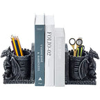 Bookends Dragon, Gothic Black Resin Dragon Guarding Castle Pencil Cup Bookends, Office Desk Book Ends with Decorative Fantasy Dragons and Stone Tower Pen Holders, 1 Pair - color: Black
