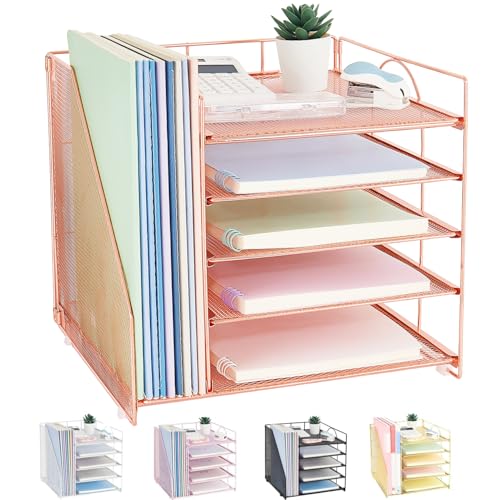 LEKETREE Desk Organizers and Accessories, 5-Tier Paper Letter Tray Organizer with File Holder, Desktop Organizer for Office Supplies (Rose Gold) - color: Rose Gold, size: 12" x 12" x 12"