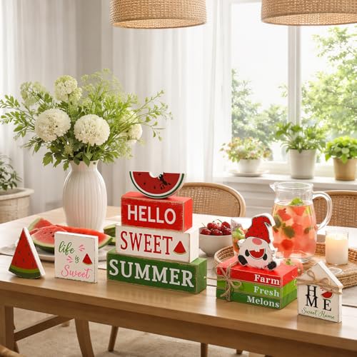 Vercraft 11 Pcs Watermelon Table Decorations Set Watermelon Tiered Tray Decor Summer Wooden Top Farmhouse Rustic Wooden Table Centerpieces for Home or Kitchen Office Decorations - style: Watermelon