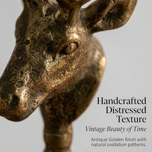 Antique Brass Reindeer Candle Holder - Vintage Gold Deer Head Taper Candlestick Holder - Rustic Farmhouse Christmas Table Decor Centerpiece - Solid Metal Holiday Home Decoration