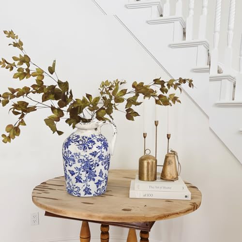 Ceramic Rustic Farmhouse Vase, 9 inch Ceramic Blue and White Vase for Centerpieces Pampas Grass Pottery Jug with Handle Boho Chinoiserie Decor Vintage Vases for Living Room Kitchen Dinner Table Shelf - color: Blue and White