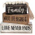 Yuntau 4 Pcs Farmhouse Family Tabletop Decor Tiered Tray Decor Rustic Wood Decorative Stacked Sign Block Gift Retro Bead Garland Family Where Life Begins Love Never Ends Table for Home Shelf Office - style: Famliy