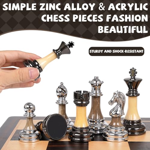 Luxury Large Metal & Acrylic Chess Set with Wooden Chess Board (17”) – Weighted Chess Pieces with 3.5” King, Foldable Tournament Chess Set for Adults & Kids, Professional Chess Game Set