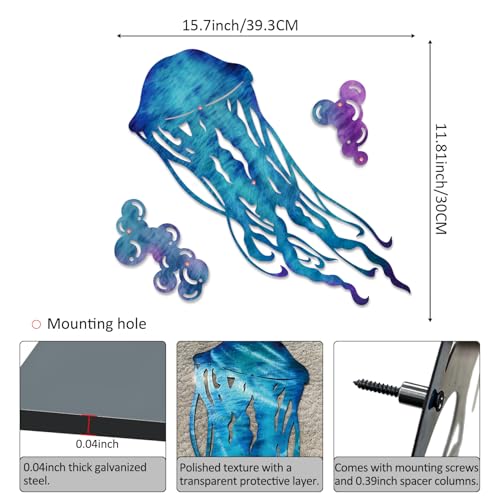 LiveInUrban Coastal Wall Art Jellyfish Metal Wall Sculptures, Ocean Beach Themed Metal Hanging Home Decoration 3PCS 15.5"x11.8" - color: jellyfish