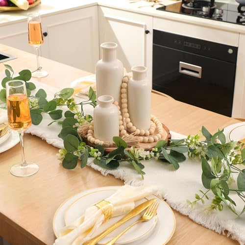 Geelin 6 Pcs Boho Rustic Table Centerpieces, 3 Modern Ceramic Vases, Wooden Slice Tray, Farmhouse Wood Beads Garland with Tassel, Artificial Vines for Dining Home Table Decor(White) - color: White