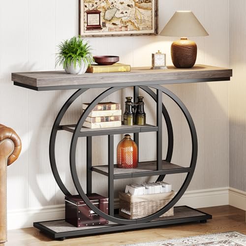 Tribesigns 41.3" Console Table, Industrial 4-Tier Sofa Table Entryway Table with Circle Base, Narrow Wood Accent Tables with Storage Shelves for Living Room, Hallway, Foyer, Gray | Industrial, Sofa Table, Entryway Table, Narrow, Accent Tables, Storage She