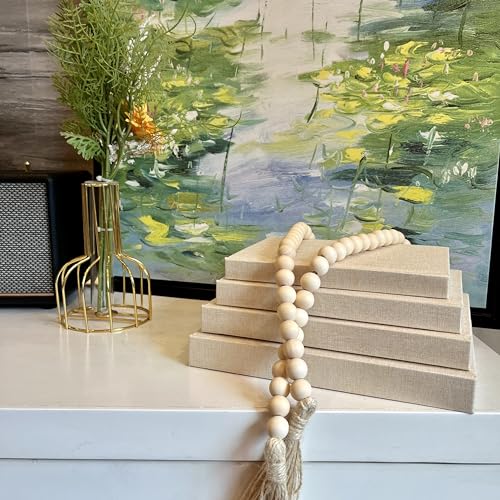 Linen Covered Decorative Books 4 Pieces, Neutral Home Decor Coffee Table Books with Wooden Beaded Tassel, Stacked Books for Rustic Farmhouse Modern, Boho, Bookshelf, Fireplace Mantel Décor, Beige - color: Beige