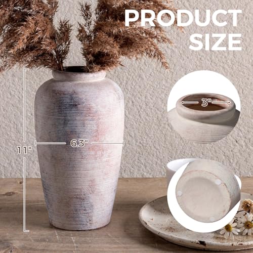 Rustic Distressed Ceramic Threaded Vase, 11" H Handmade Wabi Sabi Decor Vase (Antique Terracotta with Lime White & Distressed Black Patches) for Living Room Table Centerpieces, Entryway & Fireplace - size: 11 inch-B