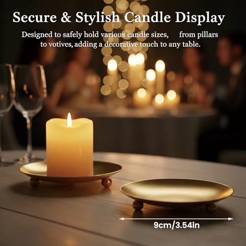 4 Pack Pillar Gold Iron Plate Candle Stands,Decorative Candle Stand for Home and Table Decoration,Decorative Metal Candle Pedestals for Pillar Candles,Wax,Incense,Spa,Weddings(3.54”×0.59”)