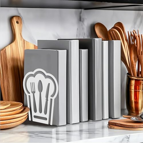 Peacoblue Metal Bookends for Shelves, Modern Decorative Heavy Duty Study Book Support Stoppers for Office, Desk, Shelf, Room 5.3"x4.3"x6.1" Cast Iron Simple White Book Ends, 1 Pair (Chef Hat) - style: Chef Hat