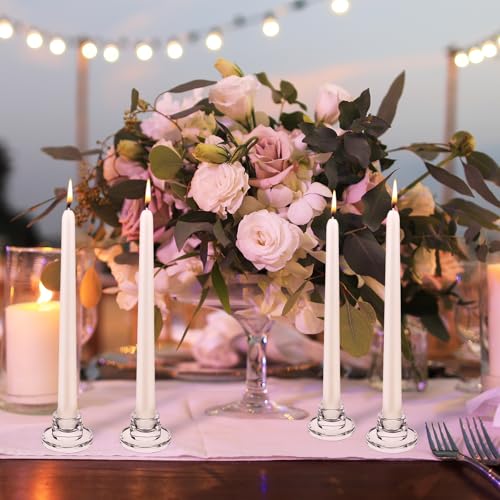 12 PCS Glass Taper Candle Holders Bulk Candlestick Holders Clear Short Tapered Candle Stick Holder Decor Set for Table Centerpiece Wedding Party Advent Christmas Home Decorations (12, Clear) - color: Clear