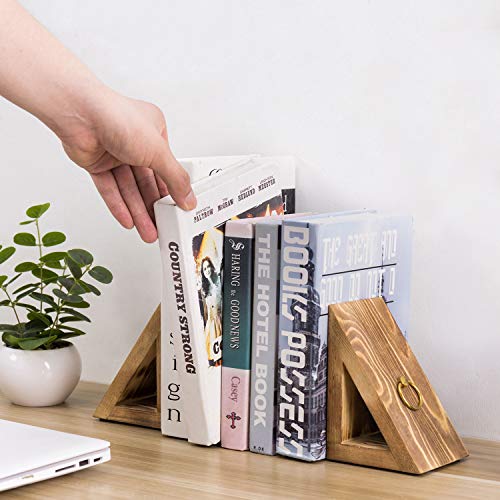 MyGift Brass Wood Decorative Bookends Triangular Design, Office Desk Wooden Book Ends, Book Stand for Shelves with Tone Ring Accent, Rustic Burnt - color: Burnt Wood Triangular