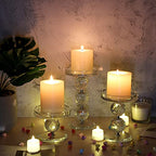 OwnMy Set of 3 Crystal Glass Pillar Candlestick Holders Clear Pillar Candle Holders Sets, Tealight Votive Candle Stands Modern Candle Centerpiece for Living Room Wedding Decor