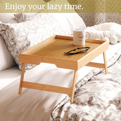 VERTORGAN 3 Pack Bamboo Bed Tray Table with Folding Legs,Breakfast Trays,Serving Tray,Laptop Tray for Working,Food Snack Tray for Bed and Sofa(Natural) - color: Natural