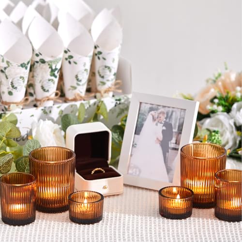 Mumufy 48 Pcs Assorted Votive Candle Holders Ribbed Glass Tealight Candle Holder Bulk for Table Centerpiece, Baby Shower, Home and Wedding Party Decoration (Amber) - color: Amber