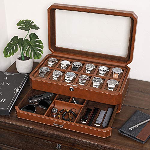 ROTHWELL 12 Slot Leather Watch Box with Valet Drawer - 12 Slot Luxury Watch Case Display Organizer, Microsuede Liner, Mens Accessories Holder, Jewelry Case, Jewelry Display Organizer (Tan/Brown) - color: Tan / Brown