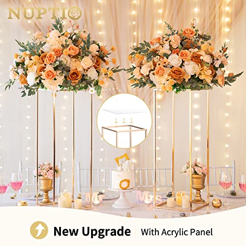 Nuptio Gold Vases for Centerpieces Wedding with Acrylic Panel - 2 Pcs 31.5 inch Tall Metal Flower Vase Flowers Stand - Elegant Bulk Weddings Decoration Table Geometric Centerpiece for Party Tables - size: 31½ inch Tall