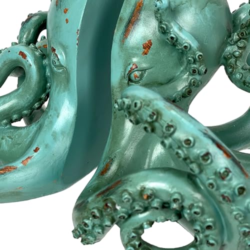 Aqua Green Octopus Bookends Set of 2 – Coastal Nautical Polyresin Wall Decor for Bookshelves, Office, Bedroom, Living Room, Beach House, Animal Ocean Themed, Felt Pad Feet, Unique Gift for Book Lovers - color: Octopus - Aqua Green