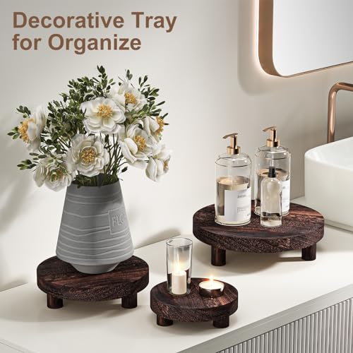 3 Pcs Wood Plant Stand Indoor Outdoor, Round Wood Riser for Decor 6/8/10" Wooden Stool Display Stand Flower Pot Holder Small Planter Tray Modern Potter Decorative for Desktop Counter Room - color: Rustic Brown