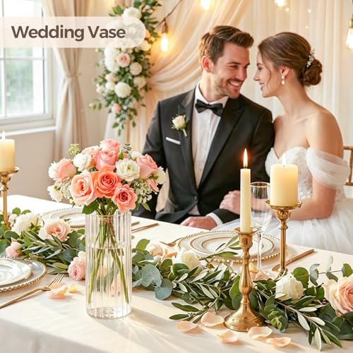 ComSaf Glass Cylinder Vases, Bud Vase for Centerpieces, 8 Inch Tall Ribbed Vase Hurricane Floating Candle Holder, Decorative Flower Vases for Wedding Reception, Home Decor, Housewarming Gift (Clear) - color: Clear
