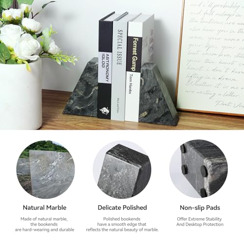 Karibiber Marble Bookends for Heavy Books, Decorative Book Ends for Shelves, Titanium Black Stone Durable and Heavy-Duty Book Ends for Hardback Books & CDS, Unique Book Stopper & Holder, Set of 2 - color: Black