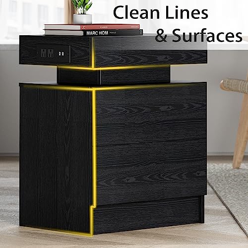 LIKIMIO Night Stand with Charging Station, Modern Black Nightstand with LED Light and Drawers, Bedside Tables/End Table for Bedroom - color: Black