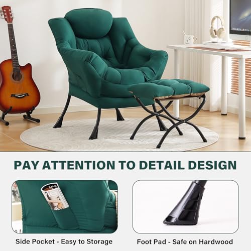Tiita Lazy Chair with Ottoman, Green Modern Large Accent Chair, Comfy Leisure Sofa Armchair with Ottoman, Reading Chair with Footrest for Bedroom, Living Room, Dorm Rooms, Green - color: Peach Skin Green