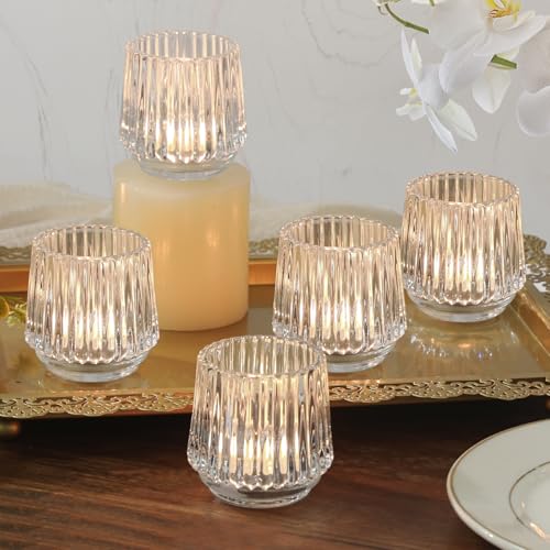SHOHAYTO Large Glass Votive Candle Holders Set of 6, Ribbed Tealight Holders for Votives, Floating Candles Table Centerpieces Wedding Home Decor - color: Glass