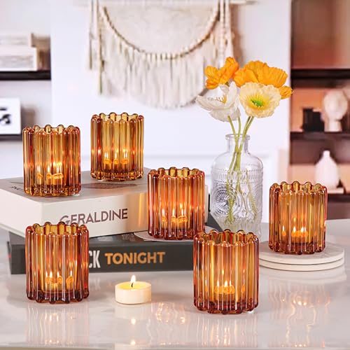 HAVITI Glass Amber Votive Candle Holder, Ribbed Votive Candle Holders Set of 12, Tealight Candle Holder for Wedding Centerpieces Dinner Party Table Decor - color: Amber