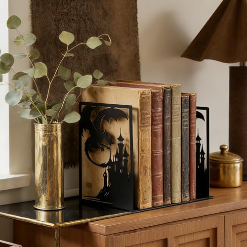 Gothic Dragon Bookends, Black Metal Castle Design, 7.1 x 4.7 Inch, Decorative Book Holders with Non-Slip Base, 2 Piece Set
