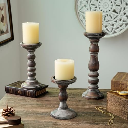 Wooden Pillar Candle Holder: Rustic Brown Candle Stand Wood Distressed Candleholders Farmhouse Fall Decor for Christmas Fireplace Mantle Dining Table Living Room Shelf Set of 3 - color: Brown, size: 5.9", 8.26", 11.81"