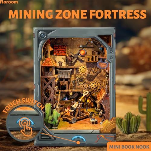 Roroom DIY Book Nook Kit, DIY Dollhouse Bookshelf Insert Decor Alley,3D Wooden Puzzle with LED Lighting Book Nook Wood Bookend Model Building(SQ40) - color: Sq40-mining Zone Fortress