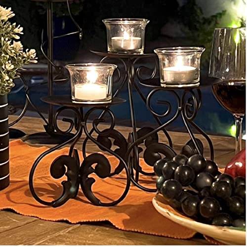 Lily’s Home Elegant Scrollwork Fleur De Lis Pillar Candle Holders, Wax & LED Candle Stands, Black, Set of 3. Candles Not Included - color: Fleur De Lis