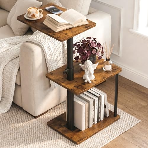 Faesun 360° Swivel Side Table for Height Adjustable, C Shaped End Table for Couch with Storage, 3-Tier Night Stand with Open Shelf, Tv Tray for Small Spaces, Living Room, Bedroom, Rustic Brown - color: Rich