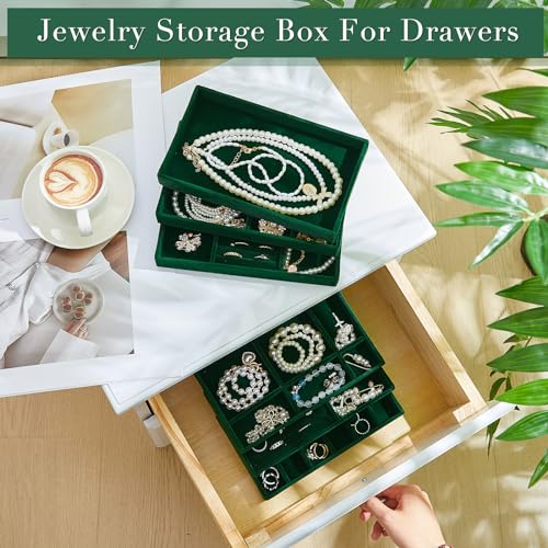 Junkin 18 Pcs Velvet Jewelry Tray, Stackable Jewelry Organizer Trays for Drawer, Jewellery Box Divided Display Tray, Jewelry Inserts for Drawer for Rings Earring Bangle Necklaces(Dark Green) - color: Dark Green