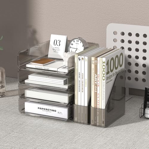 FANXIYQ 4-Tier Acrylic Paper Tray Organizer with Bookends | Clear Stackable Desk Organizer for Documents, Letters, A4 Paper | Modern Office/Classroom/Home Organization,Brown - color: Brown, size: 15.5" x 12.6" x 11"