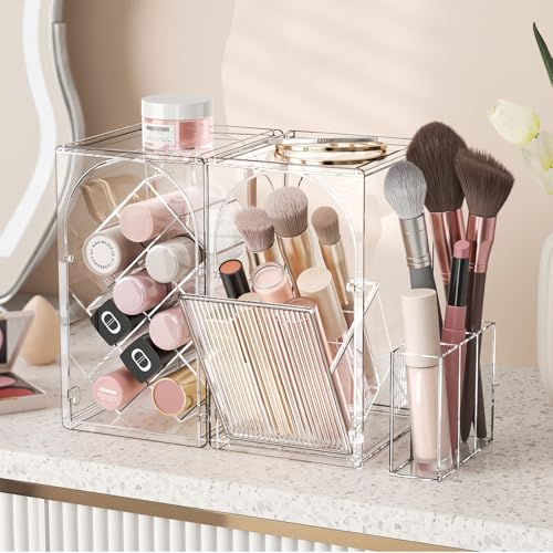 INVSSENE Stackable Makeup Organizer Countertop, Storage Perfume Skincare Cosmetic Lipstick Face Mask Makeup Brush Palettes, Ideal for Vanity Bathroom Counter - color: 3513 Clear