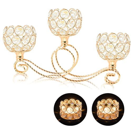 Gold 3 Arm Metal Crystal Tea Light Candle Holder, Elegant Wedding Table Centerpiece Candleholder, Christmas Wishing Crystal Bowl Candle Holder Suitable for Wedding Party Living Room Decoration - color: Gold, size: Set of 1