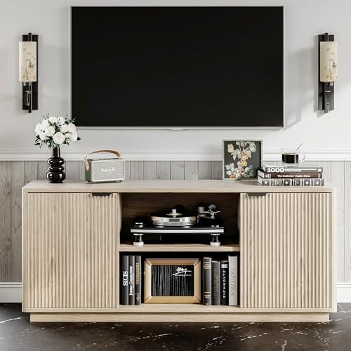 60'' Fluted TV Stand, Console Table, Mid Century Modern Curved TV Stands with Water Wave Shaped Door, Entertainment Center with Metal Handle, Living Room (Cream Yellow Wood Grain)