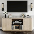 60'' Fluted TV Stand, Console Table, Mid Century Modern Curved TV Stands with Water Wave Shaped Door, Entertainment Center with Metal Handle, Living Room (Cream Yellow Wood Grain)