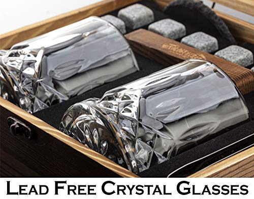 Mixology & Craft Whiskey Glasses Gift Set for Men 13-Piece with Pack of 2 Diamond Cut Glasses w/ 8 Granite Chilling Stones, 2 Coasters, Tongs & Cocktail Recipe Book in Wooden Crate - size: Light Latch Crate