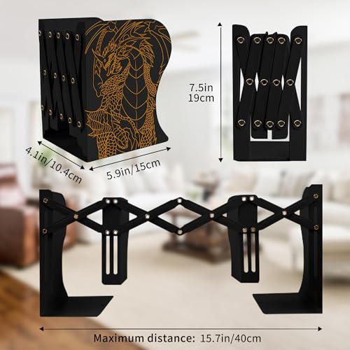 Dragon Bookends, Adjustable Bookends, Unique Book Holders for Shelves, Metal Book Ends for Heavy Books, Non-Skid Book Stander for Desk, Shelf, Office, Stationery Gift (Black) - color: Black