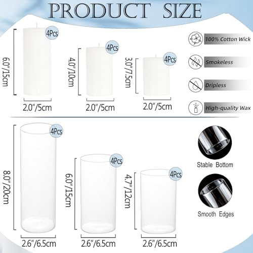 24 Pcs White Pillar Candles and Glass Candle Holders Cylinder Candle Vases for Pillar Candles Hurricane Candle Holders Set for Wedding Party, Event, Home Office Decor - size: 12 set