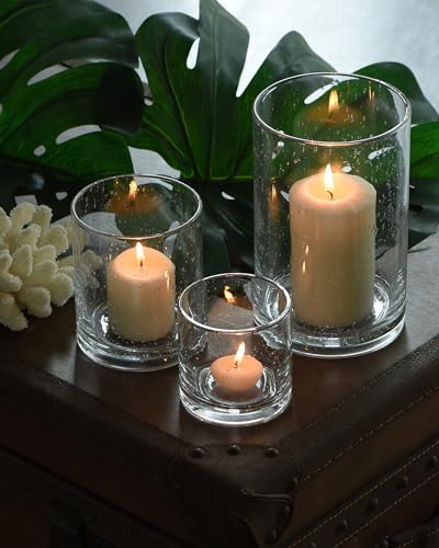 ARIAMOTION Glass Candle Holders Set, Hurricane Vase Centerpieces for Pillar Votive Flower,Clear Seeded Bubbles Cylinder Bulk, Mother's Day Birthday Gift,3 Sizes 8 Inch 5 Inch 3.5 Inch Height - color: Bubbles Clear
