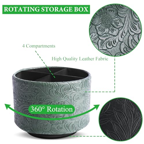 lizimandu Round Leather Art Supply Organizer,Remote Control Holder,360 Degree Spinning,Multi-Functional Pencil Holder,4 Compartments Desktop Stationary Organizer(1-Carved Cooper Green) - color: 1-Carved Cooper Green
