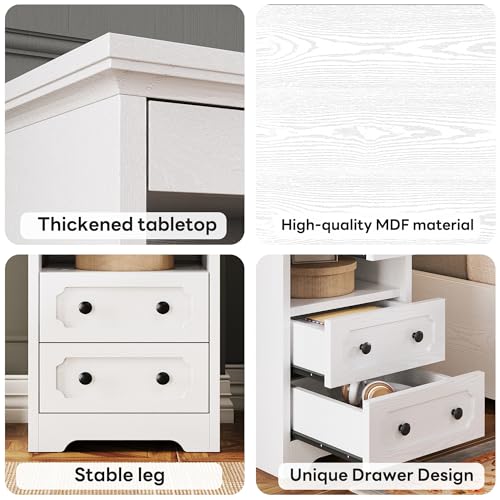 LIKIMIO Night Stand, Modern Bedside Table with 2 Drawers, Open Shelf, End Table with Pull-Out Tray, Wood SideTable, White - color: White