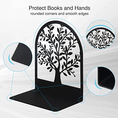 Book Ends, Metal Bookend, Tree of Life Bookend for Shelves, Home Decorative Bookends for Heavy Books, Black Non-Skid Book Stopper, 7 x 5.5 x 3.5 inch (1 Pair)