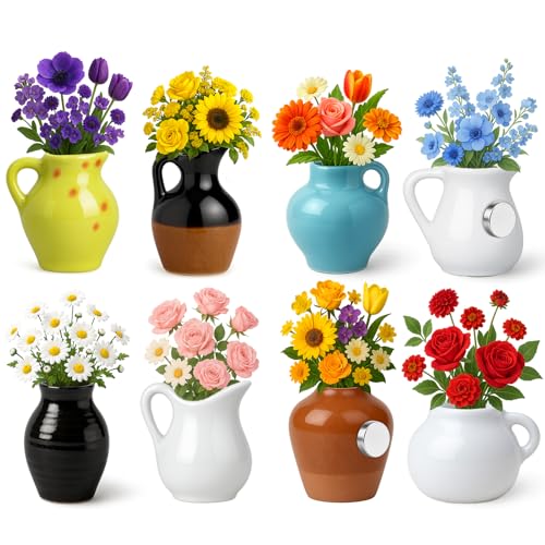 Juome Mini Vase Magnets for Fridge - 8PCS Cute Tiny Ceramic Magnet Vases for Flowers Plant, 3D Mini Magnetic Vases for Refrigerator Kitchen Locker Office Decoration (Exclude Flower) - color: 8pcs